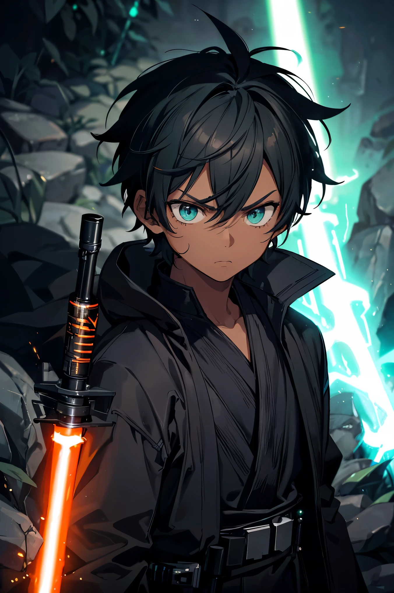 jedi boy, 1boy, black jedi robes, orange lightsaber blade, short spiky hair, rat tail hairstyle, brown skin, black hair, green eye color, ((detailed lightsaber hilt)), ((super detailed lightsaber)), ((HD lightsaber)), ahohge, serious expression, sad face, dark skin