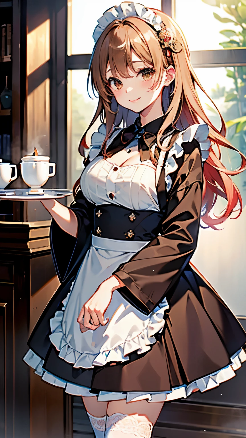 (masterpiece, High resolution,Super detailed:1.0),1 girl,Young and beautiful woman,Eyes staring at the camera,Perfect female body, Blushing lightly and smiling,Highly detailed CG,unity 8k wallpaper，Intricate details, The only person, (Twin-tailed brown hair,Maid clothes,Serious expression,Tray in hand),have coffee on the tray,Cafe, Terrace seats,Gothic style,Portraiture,Color Difference, Depth of written boundary,Dramatic Shadows, Ray Tracing, highest quality, Cinema Lighting,Official Art,
