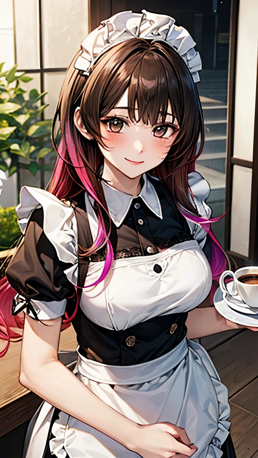 (masterpiece, High resolution,Super detailed:1.0),1 girl,Young and beautiful woman,Eyes staring at the camera,Perfect female body, Blushing lightly and smiling,Highly detailed CG,unity 8k wallpaper，Intricate details, The only person, (Twin-tailed brown hair,Maid clothes,Serious expression,Tray in hand),have coffee on the tray,Cafe, Terrace seats,Gothic style,Portraiture,Color Difference, Depth of written boundary,Dramatic Shadows, Ray Tracing, highest quality, Cinema Lighting,Official Art,
