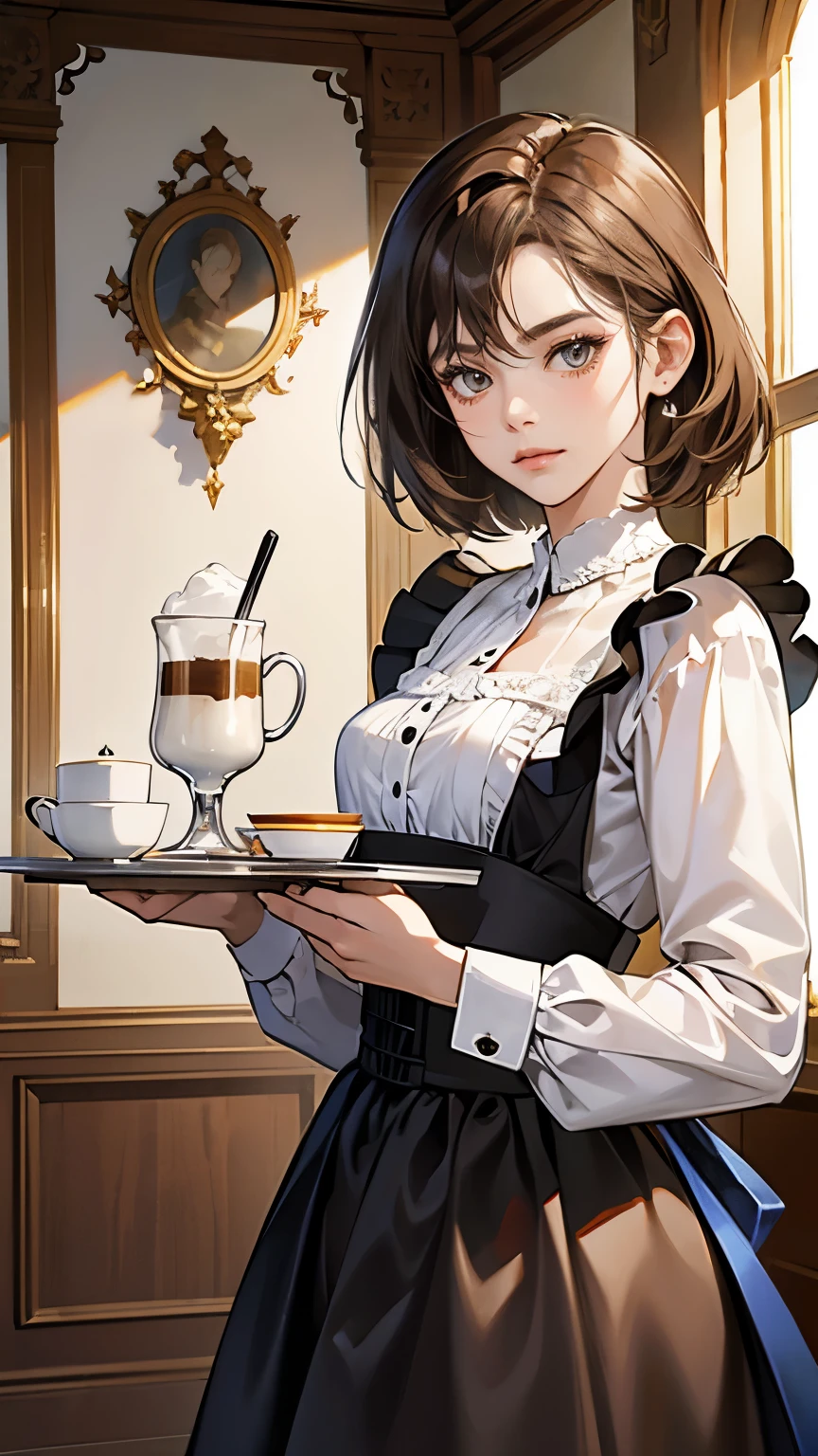 (masterpiece, High resolution,Super detailed:1.0),1 girl,Young and beautiful woman,Eyes staring at the camera,Perfect female body, Blushing lightly and smiling,Highly detailed CG,unity 8k wallpaper，Intricate details, The only person, (Twin-tailed brown hair,Maid clothes,Serious expression,Tray in hand),have coffee on the tray,Cafe, Terrace seats,Gothic style,Portraiture,Color Difference, Depth of written boundary,Dramatic Shadows, Ray Tracing, highest quality, Cinema Lighting,Official Art,
