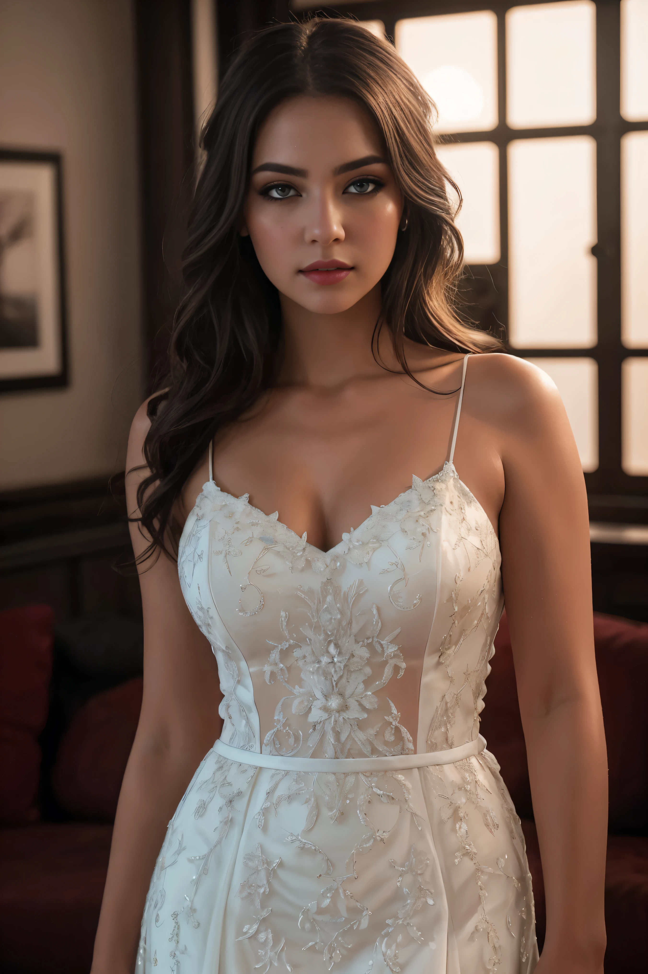 4k photograph,beautiful detailed eyes,beautiful detailed lips,extremely detailed eyes and face,longeyelashes,1girl,elegant dress,standing in living room,natural lighting,soft ambient lighting,photorealistic,professional photography,highly detailed,intricate details,vivid colors,cinematic lighting,warm color tones