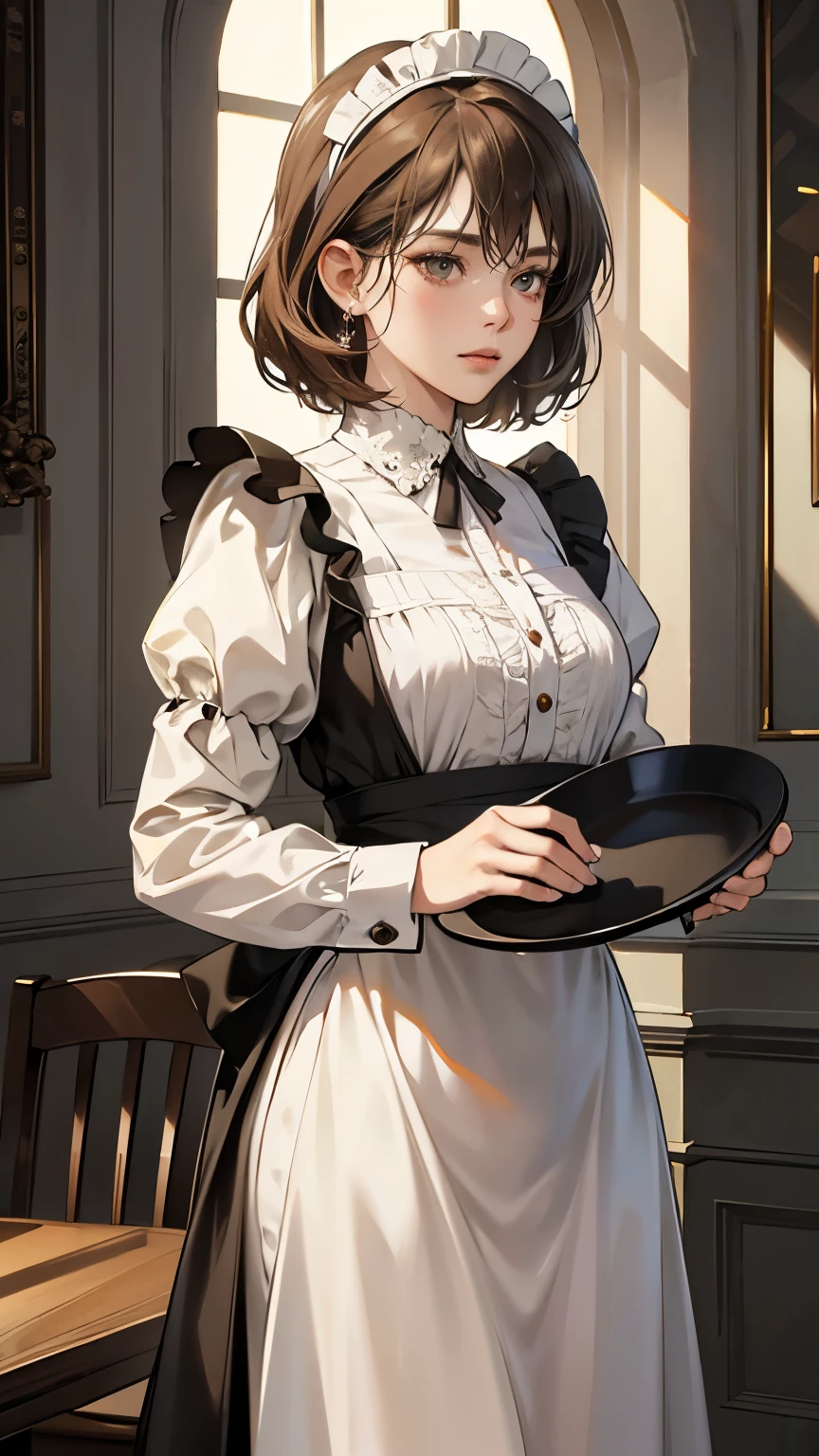 (masterpiece, High resolution,Super detailed:1.0),1 girl,Young and beautiful woman,Eyes staring at the camera,Perfect female body, Blushing lightly and smiling,Highly detailed CG,unity 8k wallpaper，Intricate details, The only person, (Twin-tailed brown hair,Maid clothes,Serious expression,Tray in hand),have coffee on the tray,Cafe, Terrace seats,Gothic style,Portraiture,Color Difference, Depth of written boundary,Dramatic Shadows, Ray Tracing, highest quality, Cinema Lighting,Official Art,
