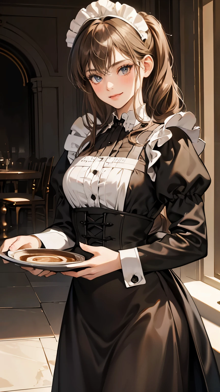 (masterpiece, High resolution,Super detailed:1.0),1 girl,Young and beautiful woman,Eyes staring at the camera,Perfect female body, Blushing lightly and smiling,Highly detailed CG,unity 8k wallpaper，Intricate details, The only person, (Twin-tailed brown hair,Maid clothes,Serious expression,Tray in hand),have coffee on the tray,Cafe, Terrace seats,Gothic style,Portraiture,Color Difference, Depth of written boundary,Dramatic Shadows, Ray Tracing, highest quality, Cinema Lighting,Official Art,
