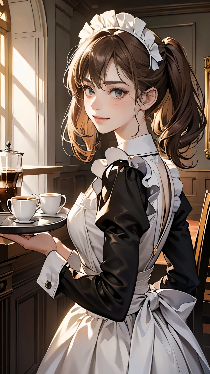 (masterpiece, High resolution,Super detailed:1.0),1 girl,Young and beautiful woman,Eyes staring at the camera,Perfect female body, Blushing lightly and smiling,Highly detailed CG,unity 8k wallpaper，Intricate details, The only person, (Twin-tailed brown hair,Maid clothes,Serious expression,Tray in hand),have coffee on the tray,Cafe, Terrace seats,Gothic style,Portraiture,Color Difference, Depth of written boundary,Dramatic Shadows, Ray Tracing, highest quality, Cinema Lighting,Official Art,
