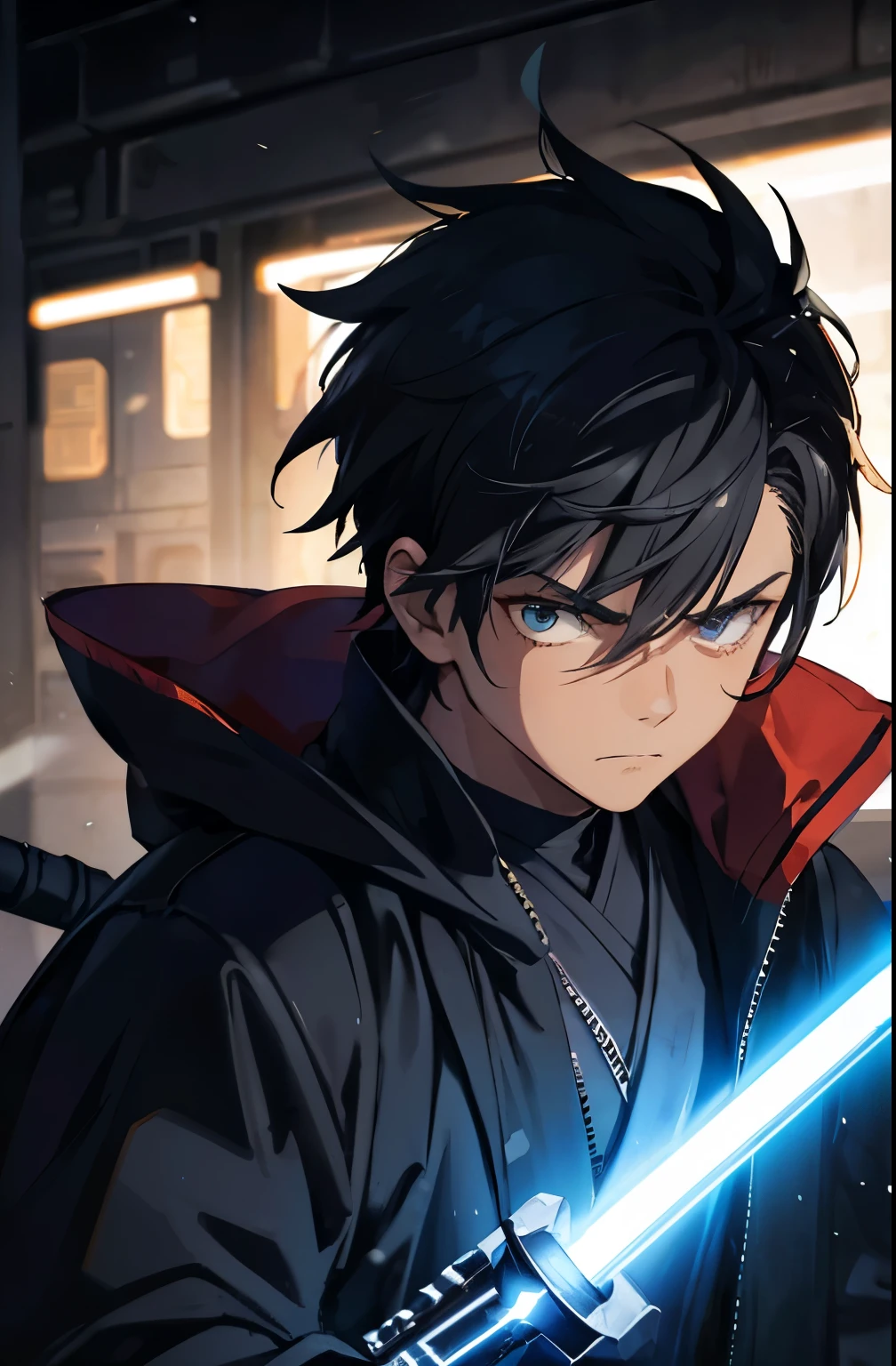 jedi boy, 1boy, black jedi robes, orange lightsaber blade, short spiky hair, rat tail hairstyle, brown skin, black hair, green eye color, ((detailed lightsaber hilt)), ((super detailed lightsaber)), ((HD lightsaber)), ahohge, serious expression, sad face, dark skin