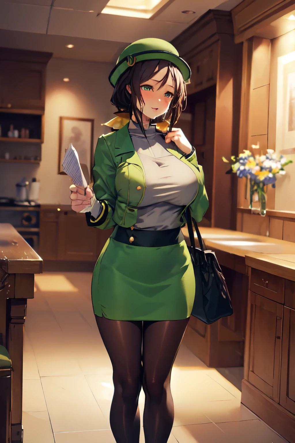 masterpiece, highest quality, 1 person,( Large Breasts, Are standing, View Audience),Detailed Background、A person who writes in detail、Accurate human body、Knowledgeable person、Five correct answers、Mature Woman,Thick thighs,cruvy body,solo,hayakawa tazuna, Low Ponytail, Green hat, Green jacket, Green Skirt,Black Pantyhose、Short tight skirt、dripping pussy cum