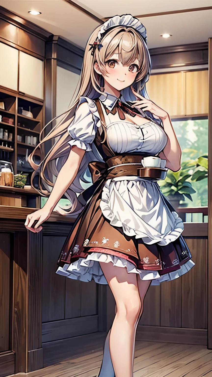 (masterpiece, High resolution,Super detailed:1.0),1 girl,Young and beautiful woman,Eyes staring at the camera,Perfect female body, Blushing lightly and smiling,Highly detailed CG,unity 8k wallpaper，Intricate details, The only person, (Twin-tailed brown hair,Maid clothes,Serious expression,Tray in hand),have coffee on the tray,Cafe, Terrace seats,Gothic style,Portraiture,Color Difference, Depth of written boundary,Dramatic Shadows, Ray Tracing, highest quality, Cinema Lighting,Official Art,
