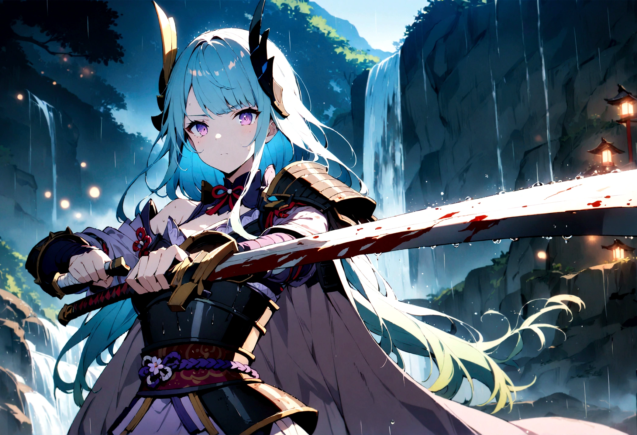2girl,fight,dramatic battle scene,1longhair,1Shorthair,holding sword,sword,ancient japanese shogun armor ,old style armor,blood,blody,head accessories,headware,cape,rainy,weathering,japan,gradient hair,/promare/ glowing hair style,beautifull face,looking at viewer,midle of waterfall bridge background,waterfall,bridge, (masterpiece), (best quality), (ultra-detailed), very aesthetic, illustration, disheveled hair, perfect composition, moist skin, intricate details, cinematic still, emotional, harmonious, vignette, highly detailed, high budget, bokeh, cinemascope, moody, epic, gorgeous, film grain, grainy