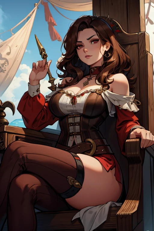 
A brown haired woman with red eyes with an hourglass figure in a pirate's outfit is sitting back in a captain's throne on a pirate ship