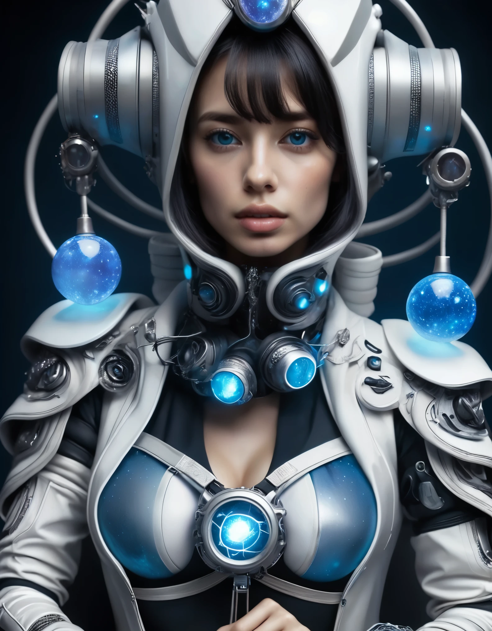 (nsfw:1.2), masterpiece, Best Quality, digital art, The avant-garde, Futuristic art, A mysterious and sophisticated young woman with blue eyes wears futuristic and sexy fashion art. She is seated at a wide below angle, with her full body in frame. Her outfit includes see-through white gear with multiple elastic white led harnesses designed underneath, and led hem, adding a minimalist beauty. She accessorizes with futuristic accessories and wears technical sneakers. Her demeanor exudes harmony and striking simplicity. hyper small head and face, happy, wide Duck mouth, half open mouth, perfectly aligned teeth, perfect beautiful teeth, light blue eyes, half open eyes, shiny Droopy eyes, gray hair, looking other, She is situated within the interior of a futuristic colony, BREAK  (very slim waist:1.2), (perfect balanced Soft huge breasts, cleavage, large buttocks, beautiful long legs:1.2), (Cramped breasts, A glamorous body with clothes:1.4), exuding a sculptural beauty, (Realistic Soft skin texture, oily skin, White and beautiful Silky skin:1.4), with mist drifting and steam rising from concrete
