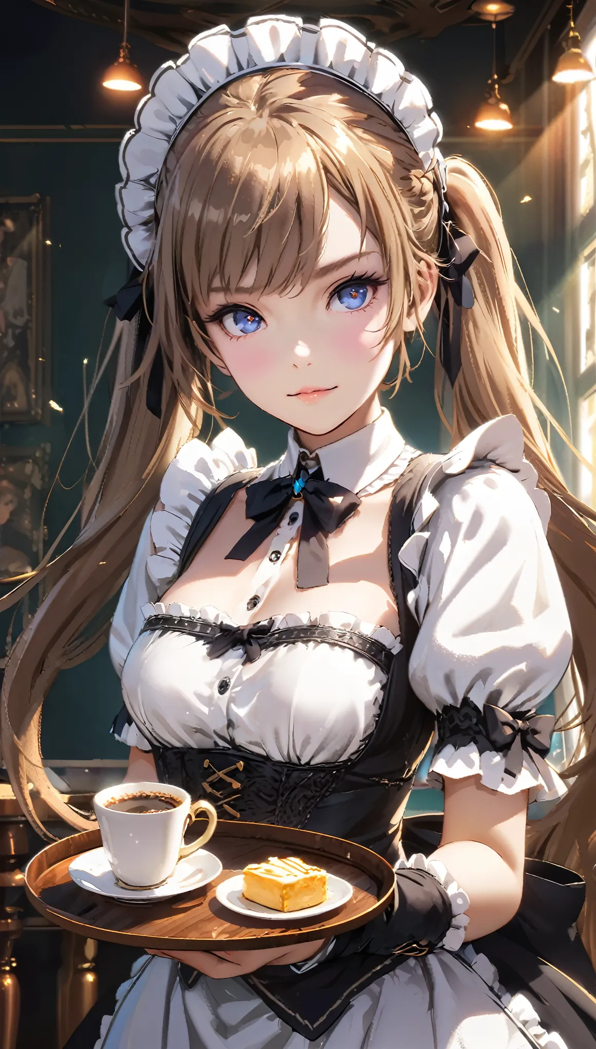 (masterpiece, High resolution,Super detailed:1.0),1 girl,Young and beautiful woman,Eyes staring at the camera,Perfect female body, Blushing lightly and smiling,Highly detailed CG,unity 8k wallpaper，Intricate details, The only person, (Twin-tailed brown hair,Maid clothes,Serious expression,Tray in hand),have coffee on the tray,Cafe, Terrace seats,Gothic style,Portraiture,Color Difference, Depth of written boundary,Dramatic Shadows, Ray Tracing, highest quality, Cinema Lighting,Official Art,

