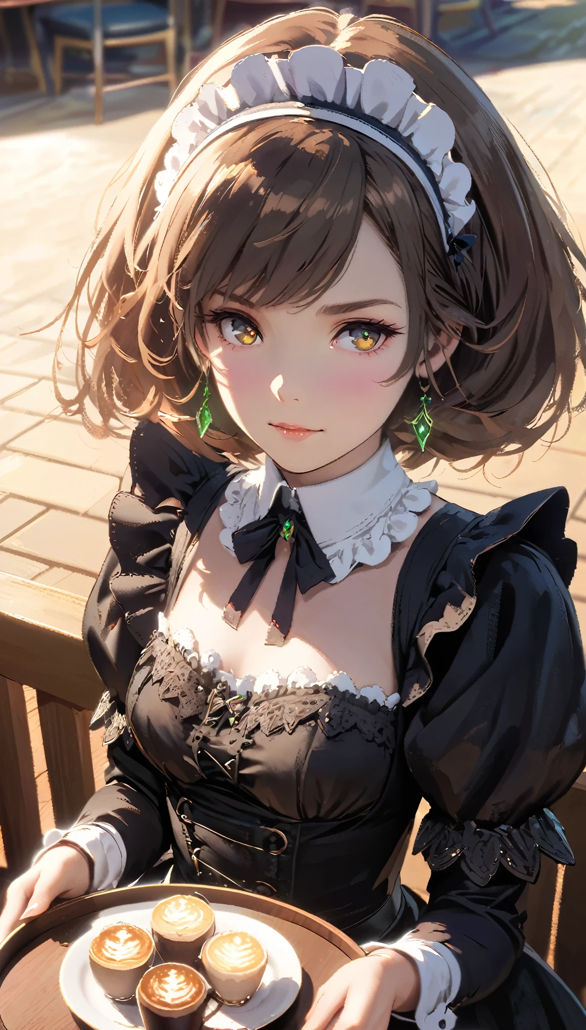 (masterpiece, High resolution,Super detailed:1.0),1 girl,Young and beautiful woman,Eyes staring at the camera,Perfect female body, Blushing lightly and smiling,Highly detailed CG,unity 8k wallpaper，Intricate details, The only person, (Twin-tailed brown hair,Maid clothes,Serious expression,Tray in hand),have coffee on the tray,Cafe, Terrace seats,Gothic style,Portraiture,Color Difference, Depth of written boundary,Dramatic Shadows, Ray Tracing, highest quality, Cinema Lighting,Official Art,
