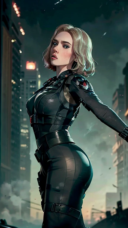 (masterpiece, top quality, best quality, official art, beautiful and aesthetic:1.2),(Scarlett Johansson),(Platinum Blonde Hair),(Detailed Ass),(Detailed eyes),(Green Eyes),(Detailed Nose),(Detailed Lips),(Detailed Thighs),(Goth Makeup),(Green Tactical Vest),(Detailed widow bite glovelettes),Dodging an incoming attack, Black Widow moves with grace and agility, her tight suit highlighting the flexibility and strength of her body, including her well-defined buttocks. With a fluid motion and confident demeanor, she evades danger with style.