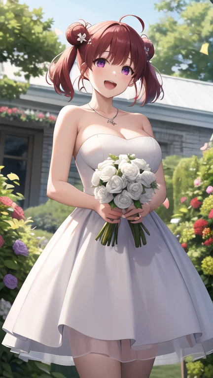 masterpiece, best quality, highres, 1girl, solo, short hair, red hair, short twintails, double bun, ahoge, hair ornament, purple eyes, large breasts, wedding dress, white dress, strapless, necklace, garden, standing, cowboy shot, holding bouquet, smile, open mouth, confetti,