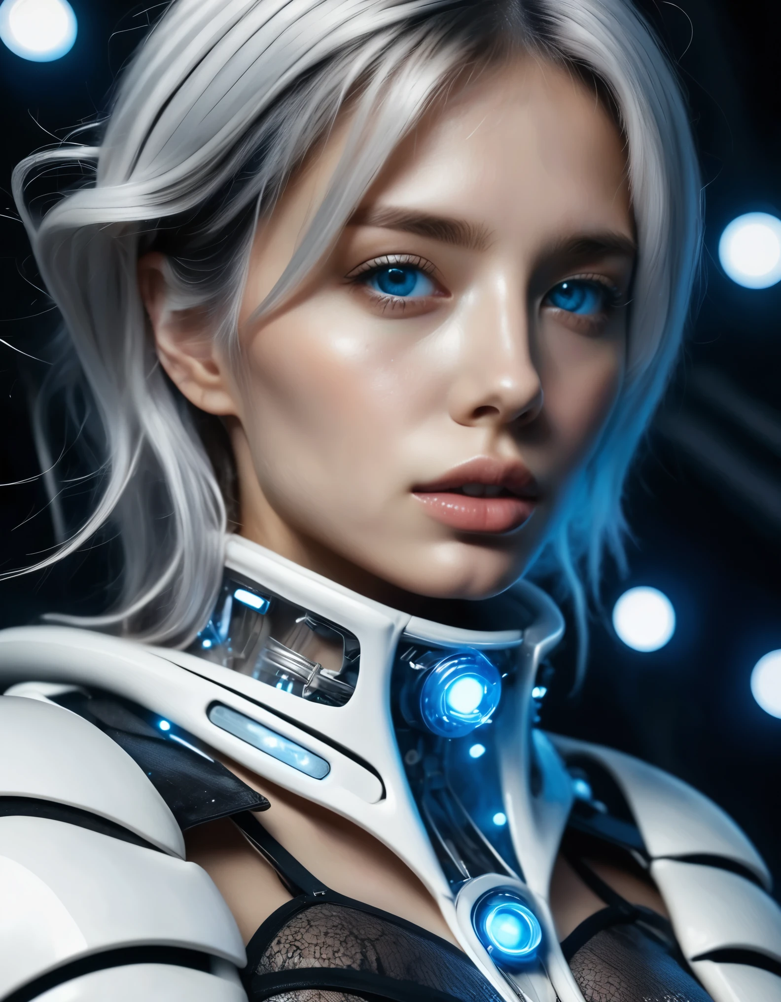 (nsfw:1.2), masterpiece, Best Quality, digital art, The avant-garde, Futuristic art, A mysterious and sophisticated young woman with blue eyes wears futuristic and sexy fashion art. She is seated at a wide below angle, with her full body in frame. Her outfit includes see-through white gear with multiple elastic white led harnesses designed underneath, and led hem, adding a minimalist beauty. She accessorizes with futuristic accessories and wears technical sneakers. Her demeanor exudes harmony and striking simplicity. hyper small head and face, happy, wide Duck mouth, half open mouth, perfectly aligned teeth, perfect beautiful teeth, light blue eyes, half open eyes, shiny Droopy eyes, gray hair, looking other, She is situated within the interior of a futuristic colony, BREAK  (very slim waist:1.2), (perfect balanced Soft huge breasts, cleavage, large buttocks, beautiful long legs:1.2), (Cramped breasts, A glamorous body with clothes:1.4), exuding a sculptural beauty, (Realistic Soft skin texture, oily skin, White and beautiful Silky skin:1.4), with mist drifting and steam rising from concrete