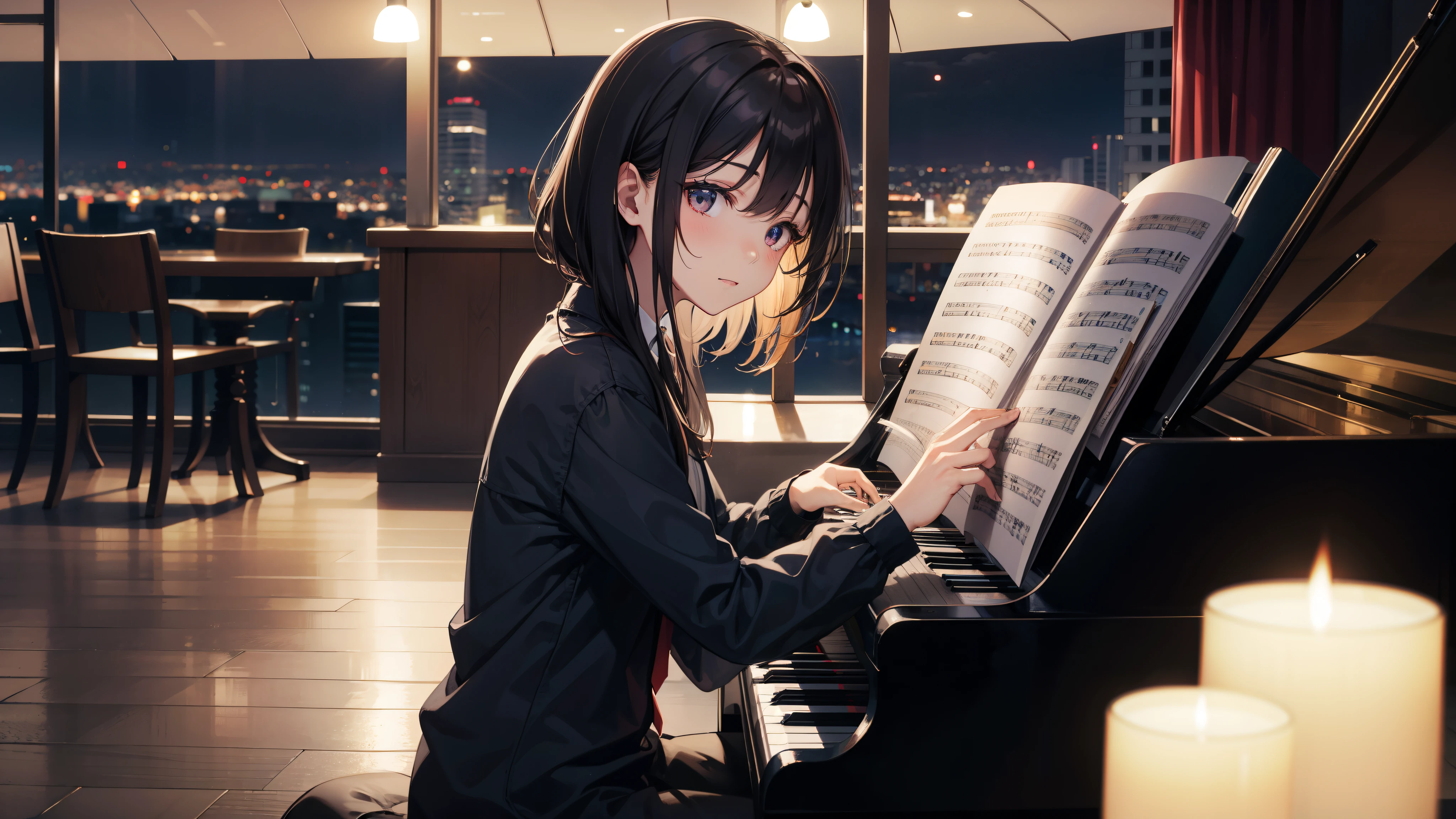 Dark-haired girl playing piano、night、night scene、it&#39;s raining、Sad expression