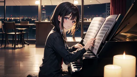 dark-haired girl playing piano、night、night scene、it&#39;s raining、sad expression