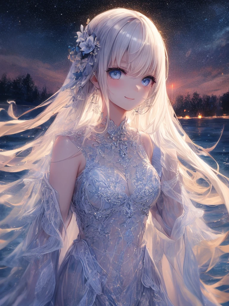 art by Cornflower,(masterpiece),(highest quality:1.2),(Perfect Anatomy),(1 Girl),Beautiful and detailed blue eyes,Beautiful silver short hair,white clothes,Layering,Beautiful smile,(Highly detailed elegant),Classic Style,Rich colors,Brush strokes,Vibrant texture, Detailed skin,Add a dramatic and symbolic element to your scene, Silky to the touch,Dynamic Composite,Delicate texture,full moon,night sky,warm lighting