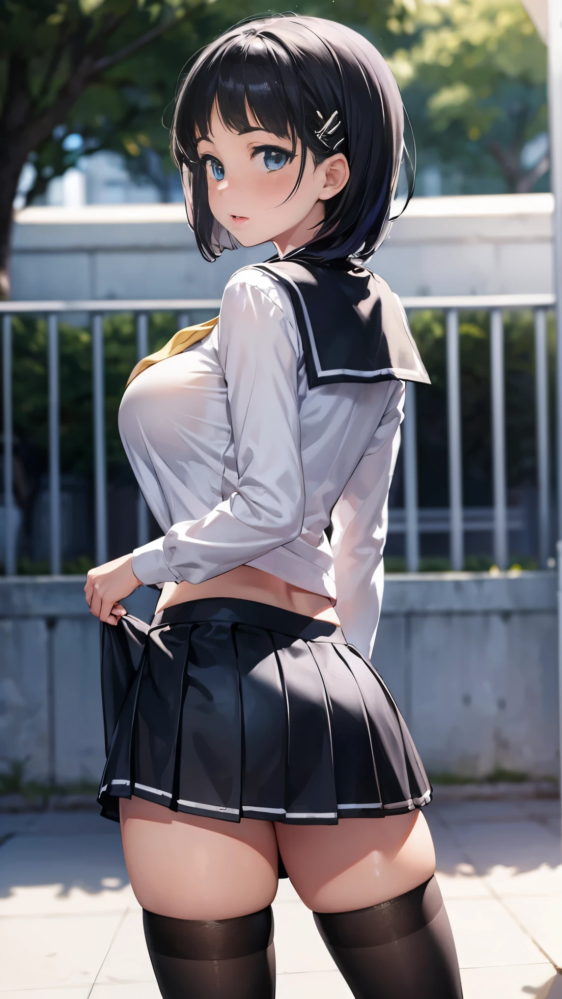 highest quality,masterpiece,8k,((((1girl)))),((big breasts:1.3)),orgasm,blush,sweat,zodiac_suguha,black hair,short hair,((serafuku,white shirt,black skirt,mini skirt,lift skirt,upskirt,black thighhighs,cumdrip:1.1)),full body,((looking back)),breast hold