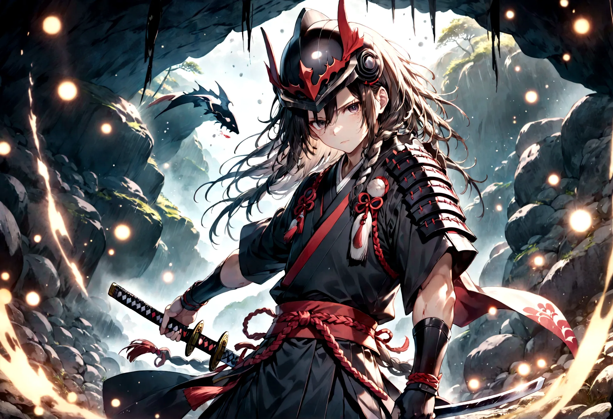 1Man,fight,dramatic Actionscene,dreadlock hair,holding Katana,sword,ancient japanese armor,blody armor,blood,blody,kabuto helmet...