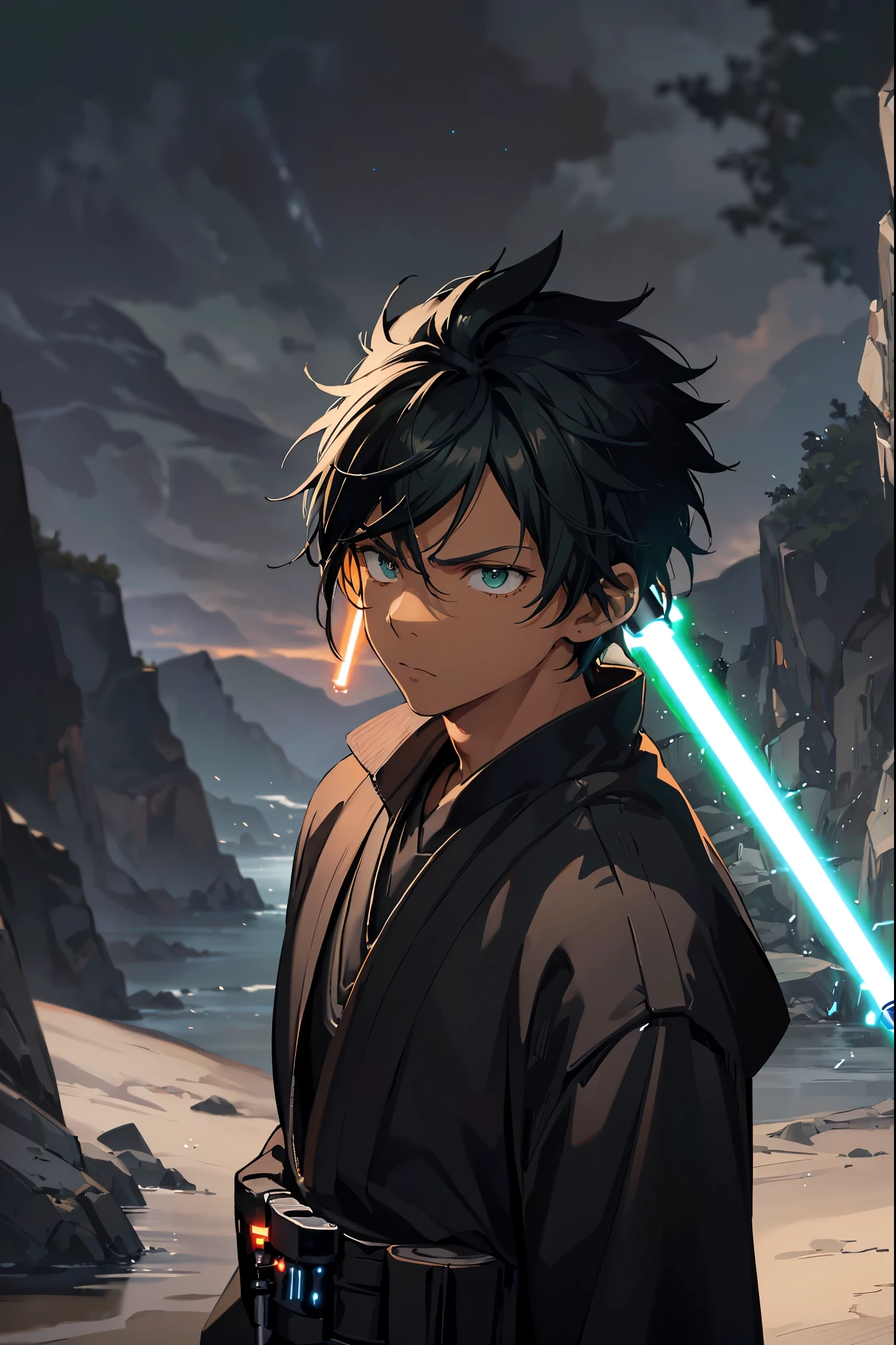 jedi boy, 1boy, black jedi robes, (orange lightsaber blade color)), short spiky hair, rat tail hairstyle, brown skin, black hair, green eye color, dark green eyes color, ((detailed lightsaber hilt)), ((super detailed lightsaber)), ((HD lightsaber)), ahohge, serious expression, sad face, dark skin, (detailed hands)