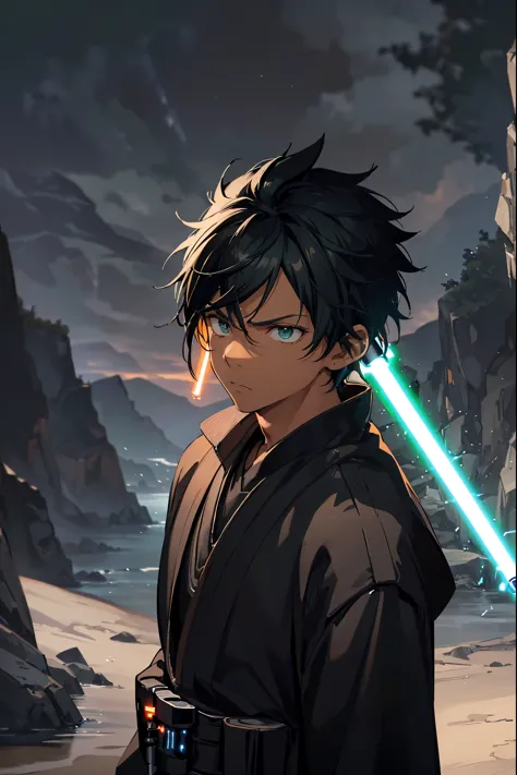 jedi boy, 1boy, black jedi robes, (orange lightsaber blade color)), short spiky hair, rat tail hairstyle, brown skin, black hair...