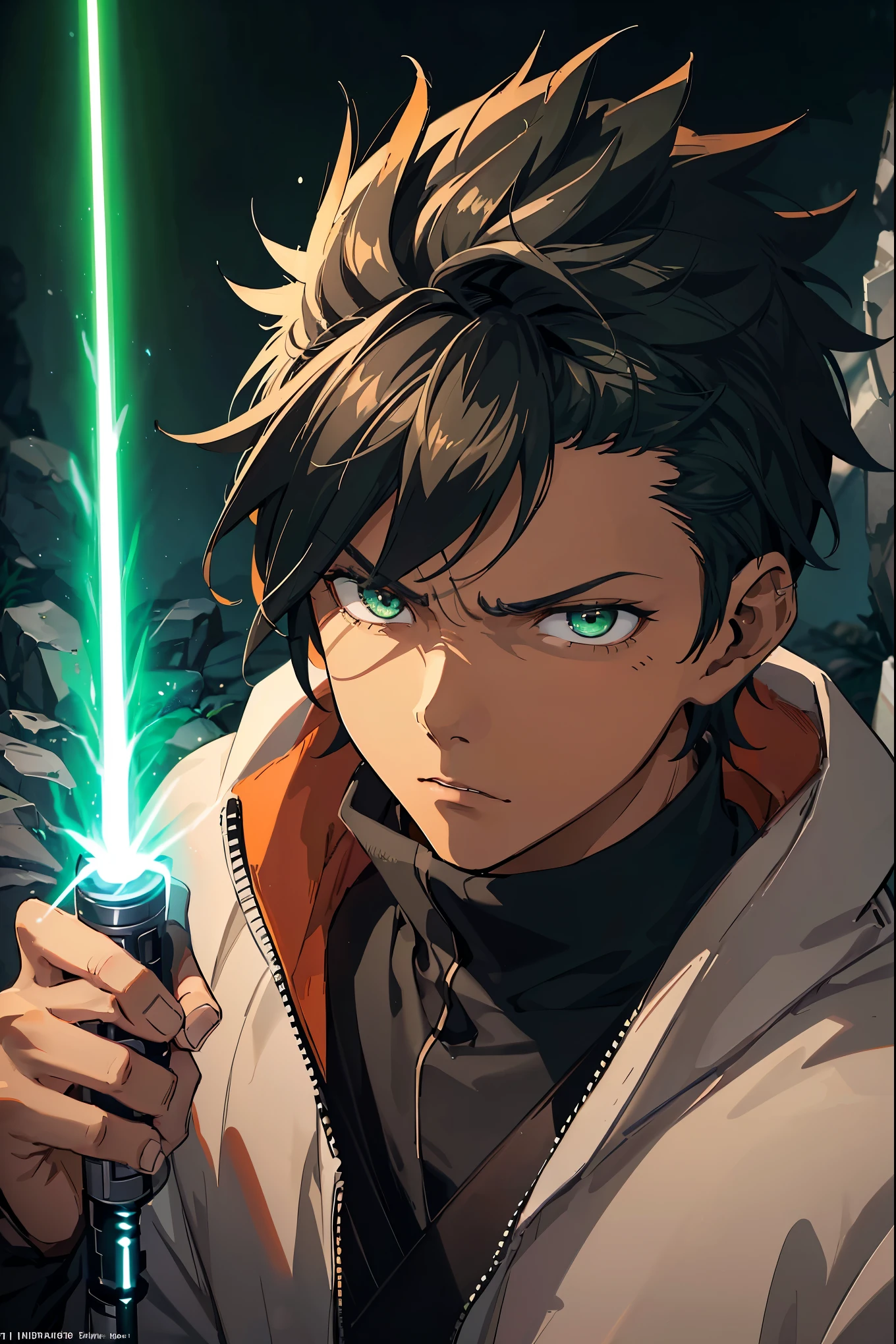 jedi boy, 1boy, black jedi robes, (orange lightsaber blade color)), short spiky hair, rat tail hairstyle, brown skin, black hair, green eye color, dark green eyes color, ((detailed lightsaber hilt)), ((super detailed lightsaber)), ((HD lightsaber)), ahohge, serious expression, sad face, dark skin, (detailed hands)