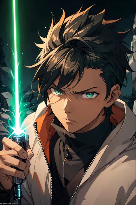 jedi boy, 1boy, black jedi robes, (orange lightsaber blade color)), short spiky hair, rat tail hairstyle, brown skin, black hair...