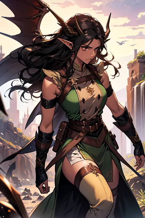 adult, brown skin, sexy, older woman, serious, tall, brown skin, single dragon wing, black hair, elf ears, mismatch horns, queen...