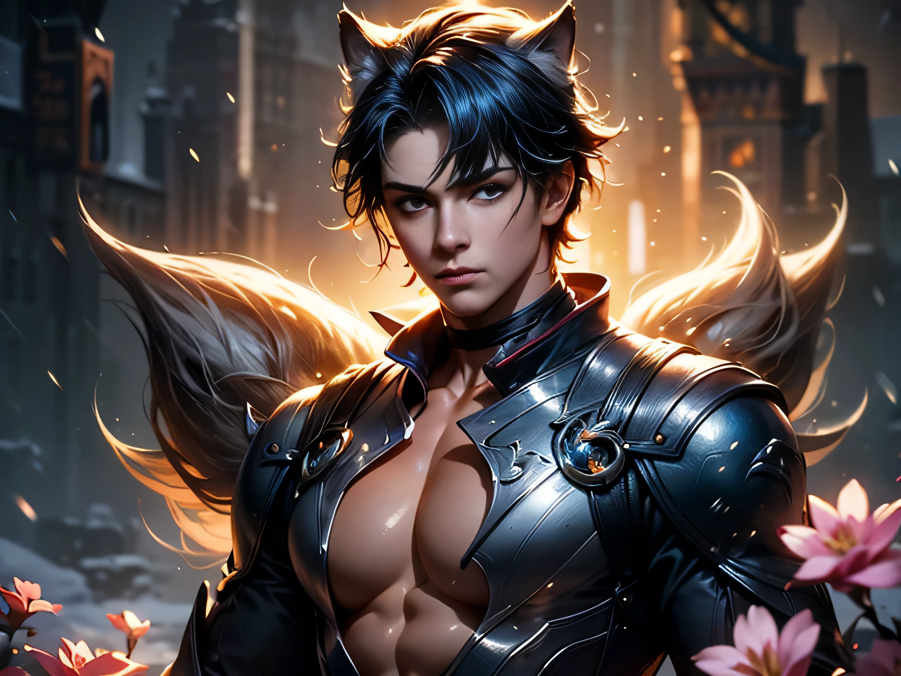 (Best Quality, 8K, Masterpiece, HDR, Soft Lighting, Picture Perfect, Realistic, Vivid), Nine tails of snow white fox(1.0), milk fox tail(1.0), nine tailed fox, anime guy with blue hair and blue, dressed in sexy leather suit, beautiful fantasy anime, very beautiful and cute fox guy, pink flower rain, background blur, anime fantasy, work in the style of Gouves, realistic:1.37, view from above, lies in pink flowers, horizontal view, (ultra high quality fantasy art), masterpiece, male model, ultra high quality male character designs, anime art with 8k development, realistic anime art, highest quality wallpaper illustrations, complex ultra high quality accurate male characters faces, high quality design and accurate physics (super-quality fantasy style)), art, dark fantasy)) Style), masterpieces, super-quality characters, anime resolution - 8K, realistic anime art, wallpapers with the highest quality illustrations, ultra-high detail of faces, high-quality design and physics accuracy), color, depth of field, shadows, ray tracing, production of high-quality computer wallpapers and 8K resolution, (Accurate simulation of the interaction of light and materials)], [High-quality detailed hair [More about beautiful and shiny red hair]], (Beautifully detailed hands [perfect fingers [Perfect nails]], (perfect anatomy (perfect proportions)))) [[Full length]], [Perfect color combination (Accurate imitation of the interaction of light and material)], [art that conveys the meaning of the story ]