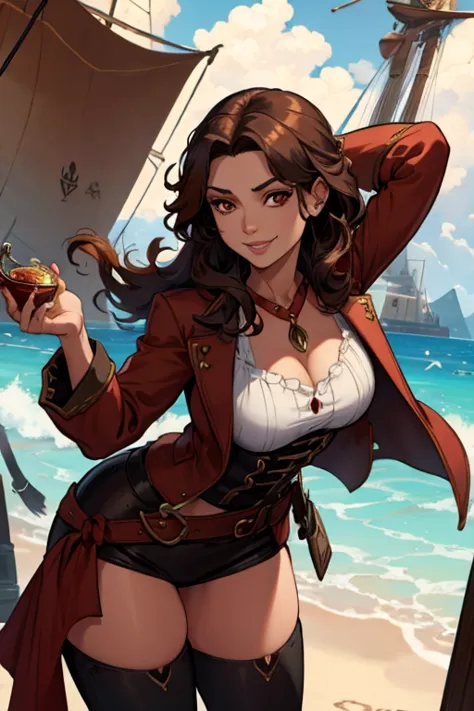 A brown haired woman with red eyes with an hourglass figure in a pirate's outfit is smiling while leaning forward on a ship
