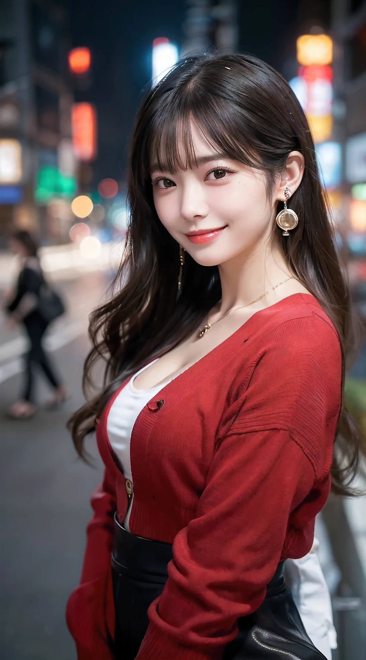 (highest quality, masterpiece:1.3, ultra high resolution), (Super detailed, caustics, 8k), (photorealistic:1.4, RAW shooting), 1 girl, (look at the camera with a smile and visible teeth), 20-year-old, cute, Japanese, (long black bronde hair), Natural lips, (wearing Blouse, Red pumps with high heels, Wide pants, Red cardigan, Business Casual Fashion：1.6), (there are earring holes on the ears), (wearing necklace by chanel), perfect necklace, cleavage, (Street in Tokyo at night), bust up shot, face focus, Natural light, Backlight, (A bright light shines from above), (Lens flare), professional writing, perfect bodies, perfect arms, Perfect fingers, perfect legs, perfect hair, pores, Realistic skin texture, perfect teeth, full body
