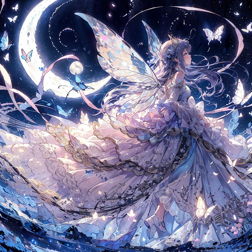 (exquisite, beautiful, very detailed, masterpiece, high quality,High resolution),(body whole,from a little far away,from head to toe),(design art,Soft thin lines:1.2, beautiful and delicate face,Transparent illustration),(fairy princess,Has butterfly-like fairy wings),Under the night sky, a fairy holds a star,(幼いfairy princess,Has butterfly-like fairy wings), ((Moon-inspired ball gown dress,dress,pastel colour,Fairy wings from the back)),(night,full moon,moonlight,shooting star,meteor,starry sky), ((fun,smile)), (medium hair:1.5), (small star tiara,earrings,Beautiful choker,Gold ankles),(deep pink cheeks,plump pink lips,big bust,Fair skin, good style), (pastel colour,bright atmosphere,colorful,highly saturated,fantasy),
