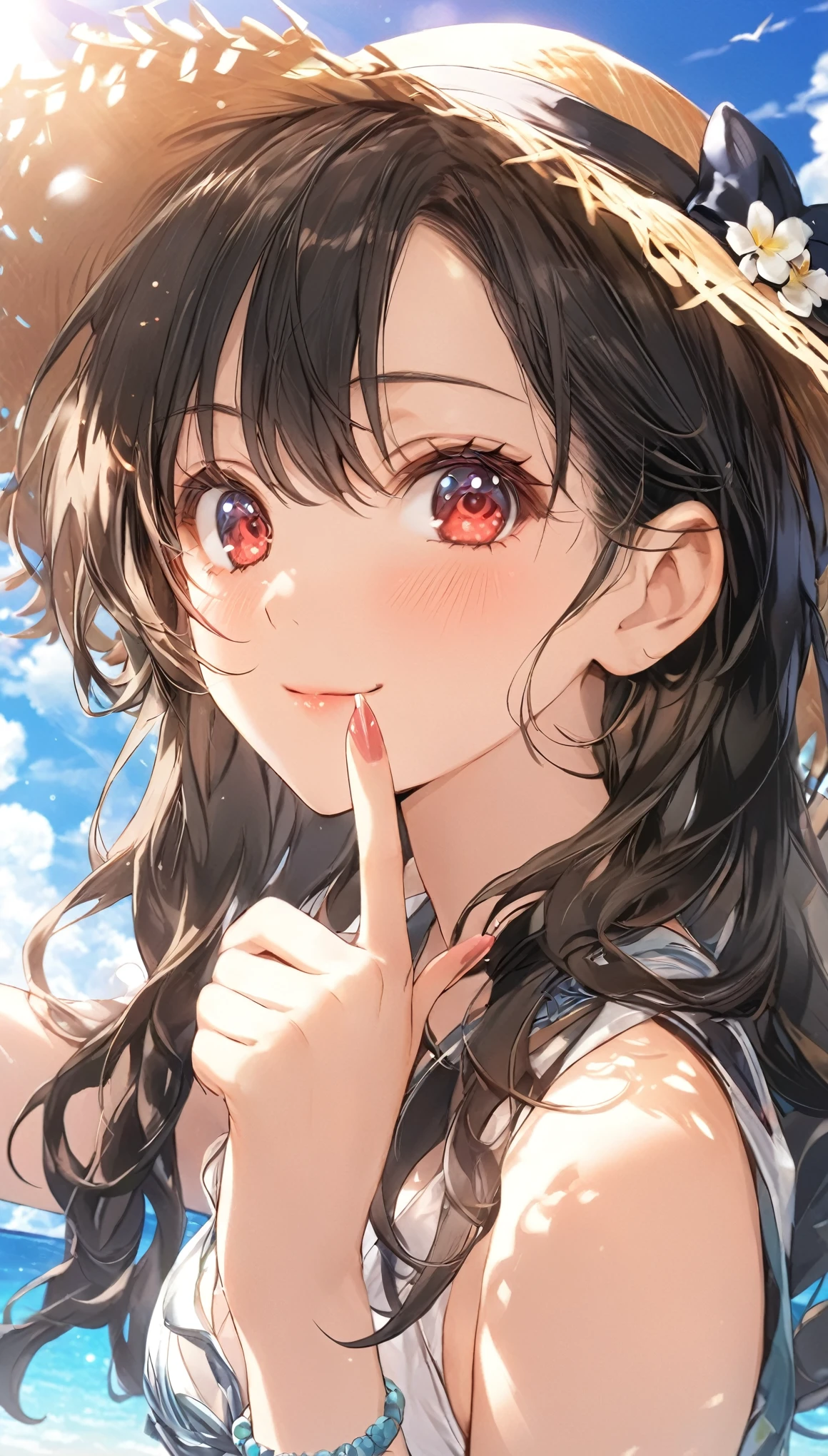 (masterpiece, best quality), extremely detailed CG unity 8k wallpaper, super fine illustration, (detailed_face:1.2), BREAK 1girl, long black hair wearing a straw hat, small breasts, (glamorous expression), red eyes, anime style 4k, beautiful anime portrait, anime moe art style, anime art wallpaper 4k, High quality anime art style, anime style portrait, be familiar with digital anime art, anime art wallpaper 8k, cute anime girl portrait, Hawaii background, blue sea, palm trees, sunlight, whole body, BREAK depth of field, perfect hands, nice fingers, 5_finger, 4_finger,1_thumb,