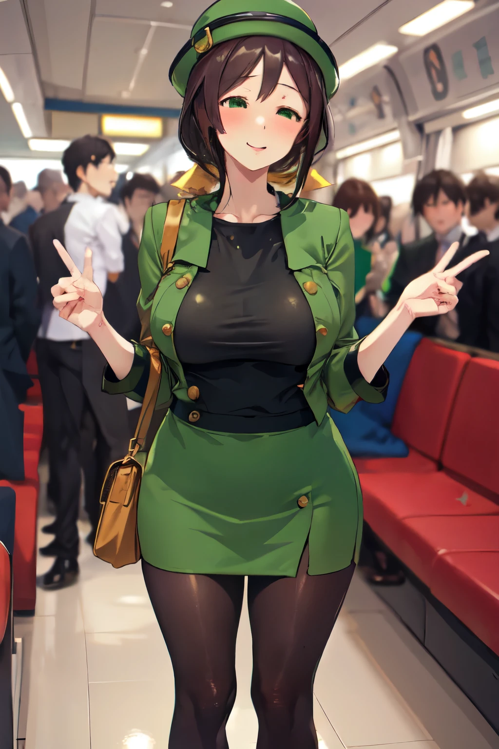 masterpiece, highest quality, 1 person,( Large Breasts, Are standing, View Audience),Detailed Background、A person who writes in detail、Accurate human body、Knowledgeable person、Five correct answers、(Mature Woman,Thick thighs,cruvy body,solo,hayakawa tazuna, Low Ponytail, Green hat, Green jacket, Green Skirt,Black Pantyhose、Short tight skirt、Being molested、Pretending not to know)、((男性の腕がMature Womanのおっぱいを掴む))、(Mature Womanの後ろにたくさんの男性がAre standing)、Crowded train、Narrow train、Cuckold、netorar sexe