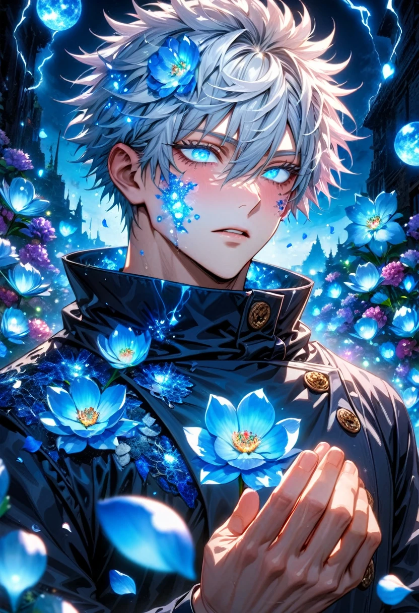 Ultra detailed, highres, absurdres, HDR, master piece, Gojo Satoru, white hair with bangs, expressive blue eyes, white eyelashes, hair between the eyes, Jujutsu Kaisen, fantasy, petals, blue shining flowers, handsome, sexy man, solo, magic, blue fireflies, blue moon, best quality, extremely detailed face and eyes, blue lightning