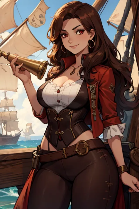 A brown haired woman with red eyes with an hourglass figure in a pirate's outfit is smiling with a spyglass  on a pirate ship