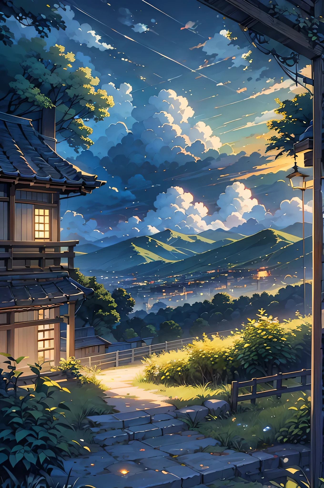 Anime Style，evening，Evening sky，Mountain々，Surrounded by clouds，Green fields and forests，Beautiful sky，Beautiful views