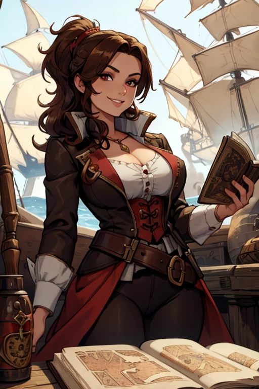 A brown haired woman with red eyes with an hourglass figure in a pirate's outfit is reading a map on a pirate ship with a big smile