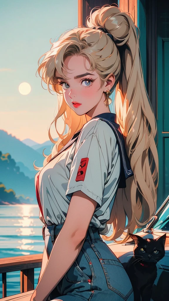 ((90s anime style, 1990s style, hand painted details, fresh and clean appearance)), (masterpiece:1.2, highest quality, wonderful quality, Ultra-expensive resolution), (complex and detailed), 1 female, 17 years old, alone, minimal makeup, natural materials, innocent, (big laugh), ((rich background)), (moon and stars background), blond hair, long twin tails, hair buns, clear, can't believe it, (((detailed face))), (very detailed and lovely), (geometric:1.2), ((expensive, short sleeve sailor suit)), ray tracing, divine revelation, godly, ((very detailed eye and face)), (beautiful and aesthetic: 1.2), wonderful, can't believe it, incredible quality, ultra-precise depiction, ultra-detailed depiction, bokeh (85MM shot), (((delicate fingers and hands:0.55))::0.85), (detailed fingers), with a black cat with a crescent moon on its forehead.
