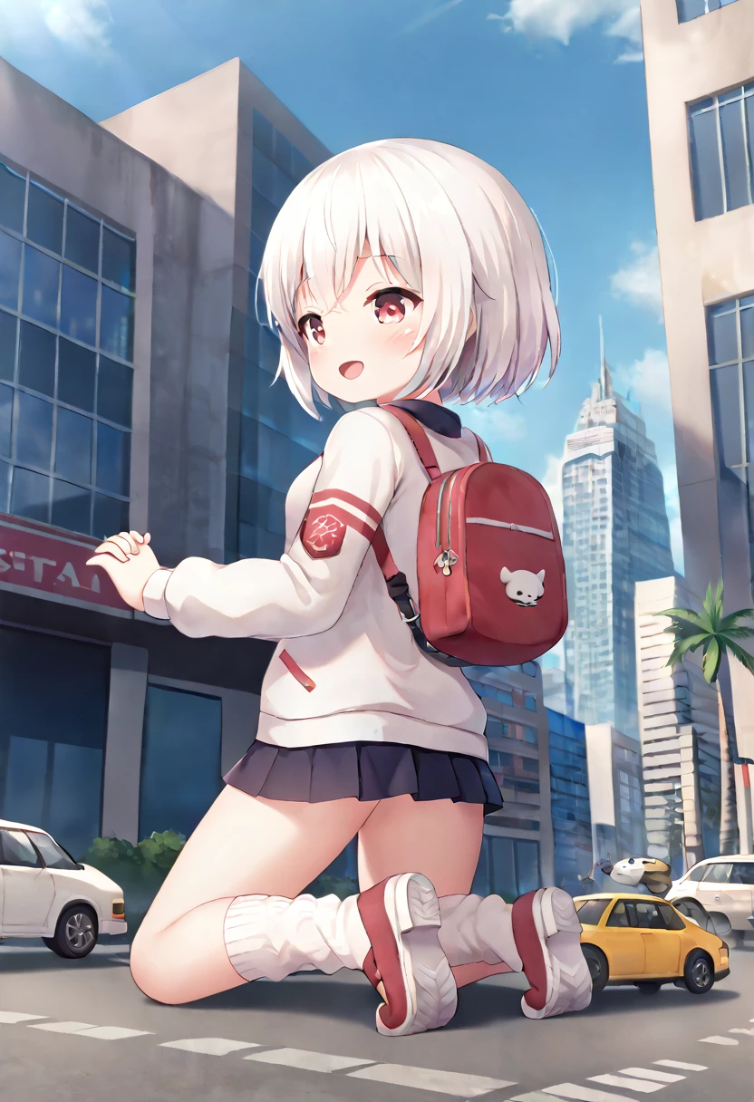 huge，Teenage girl，white hair，short skirt，teasing，A giant girl taller than a building，Wearing white knee socks，city-destroying，miniature city，Kneeling in the city，holding hands，There is a little person in the palm of my hand，There are many miniature cars around
