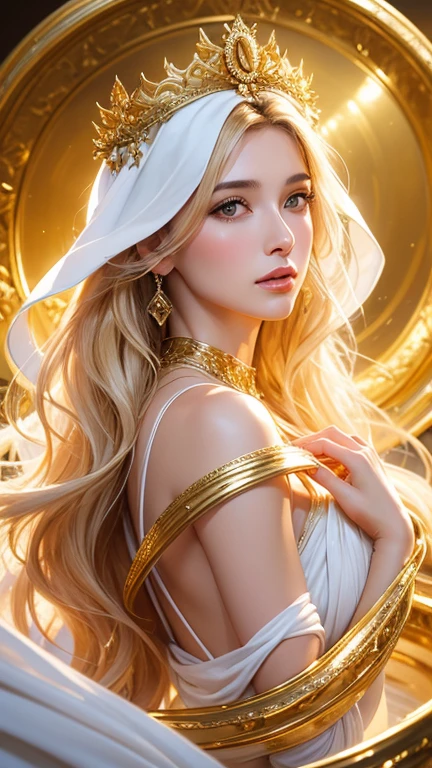 a digital  portrait painting of a beautiful Greek goddess in white robe dress and  surround in spiral of splashing liquid gold , a hyperrealistic painting, figurative art, in gold paint, gold liquid, character is surround in liquid, fantasy art ,elegance pose, medium long  shot, lighting clear and soft effect , white background