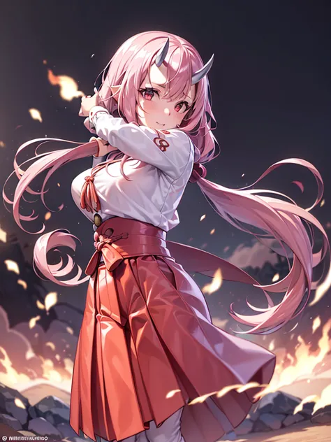 shunatensura, low-tied long hair, oni horns, miko, red hakama, tabi, (4k), profundidad de campo, (obra maestra), extremadamente ...