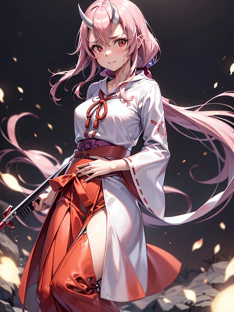 ShunaTensura, low-tied long hair, oni horns, miko, red hakama, tabi, (4k), profundidad de campo, (obra maestra), extremadamente detallado, intrincado, hiper detallado, bokeh, high resolution, sharp detail, mejor calidad, Sharp focus, Profesional, Sharp focus, galardonado, cinematic lighting, renderizado de octanaje, motor irreal, volumetric dtx, fondo de pantalla, chica, kimono rojo y blanco, ancho, cabello rosado, Ojos rosados, cuernos, relajante , blusa abajo, ((obra maestra)),(((mejor calidad))),((ultra detallado)),((ILLUSTRATION)), manos perfectas