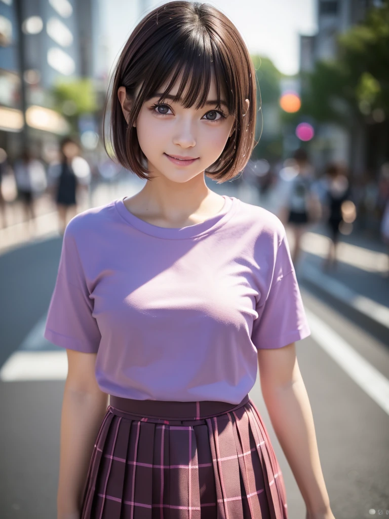 (8k, RAW Photos, highest quality, masterpiece:1.2), (Realistic, photo-Realistic:1.4), (Highly detailed 8k wallpaper), ((Full Body Shot)), (1 girl), Sharp focus, Depth of written boundary, Cinematic lighting, Soft Light, 緻密な美しさのeye, eye_Chan, Very beautiful 17 year old girl, innocent big eyes, Realistic, photo Realistic, Highly detailed cute girl, (Thin thighs), (Model Body Type), 18-year-old, (Casual short sleeve t-shirt), (Purple and pink checkered micro mini pleated skirt), (smile), Parted lips, Watching the audience, (On the streets of Tokyo) , (Brown Hair),（Short Bob Hair), (Asymmetrical bangs)