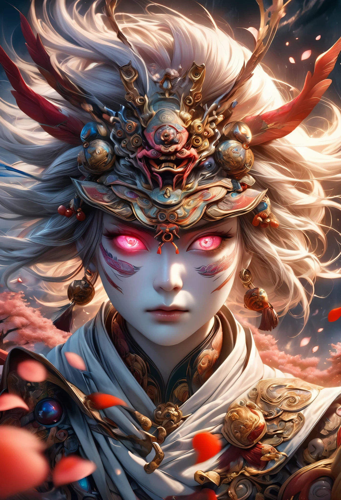 a highly detailed and surreal photographic image, fantasy, Akira Hasegawa, Tengu moon deity, intricate and complex, poster, art station, (best quality,4k,8k,highres,masterpiece:1.2),ultra-detailed,(realistic,photorealistic,photo-realistic:1.37),portrait,concept art,dramatic lighting,dark moody atmosphere,rich colors,glowing aura,detailed facial features,piercing eyes,sharp focus,ornate costume,powerful presence,floating in air,sakura petals,full moon