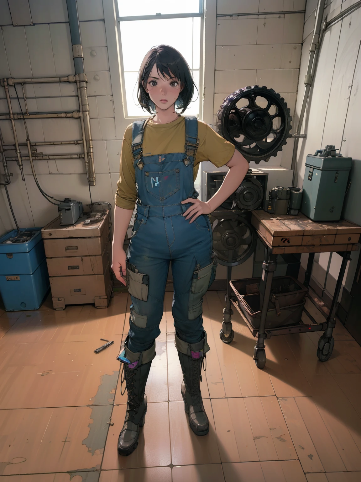 (highest quality, 4K, masterpiece :1.3), One girl, (vaporpunk), scenery, vaporpunk room engine, Engine Repair, gear, gear, vapor, boots, Overalls, goggles, Dirty Face, Are standing, mechanical, Oil on the floor, Dirty floor, Rococo