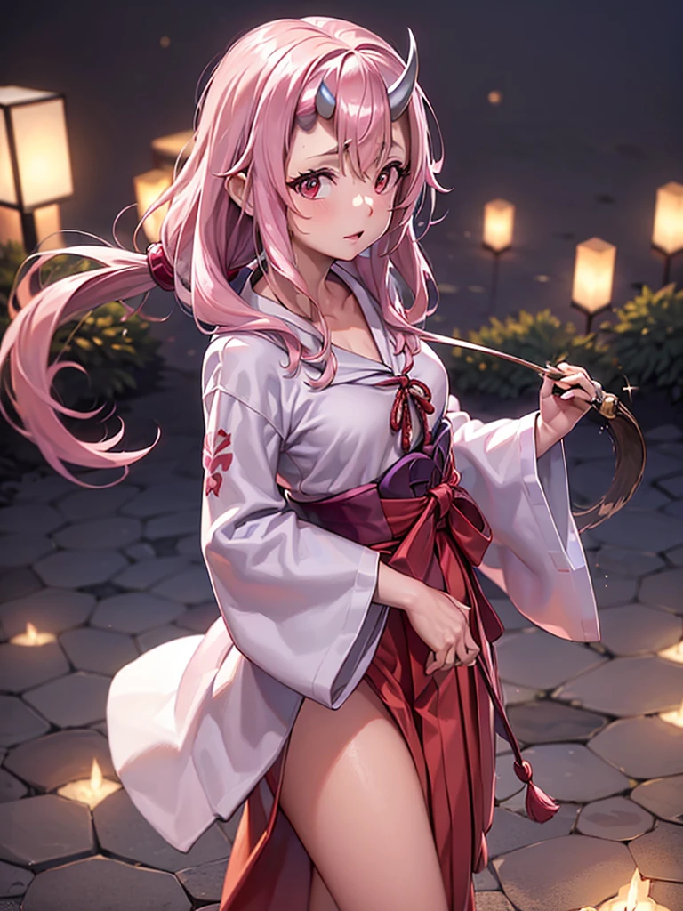 ShunaTensura, low-tied long hair, oni horns, miko, red hakama, tabi, (4k), profundidad de campo, (obra maestra), extremadamente detallado, intrincado, hiper detallado, bokeh, high resolution, sharp detail, mejor calidad, Sharp focus, Profesional, Sharp focus, galardonado, cinematic lighting, renderizado de octanaje, motor irreal, volumetric dtx, fondo de pantalla, chica, kimono rojo y blanco, ancho, cabello rosado, Ojos rosados, cuernos, relajante , blusa abajo, ((obra maestra)),(((mejor calidad))),((ultra detallado)),((ILLUSTRATION)), manos perfectas, NSFW