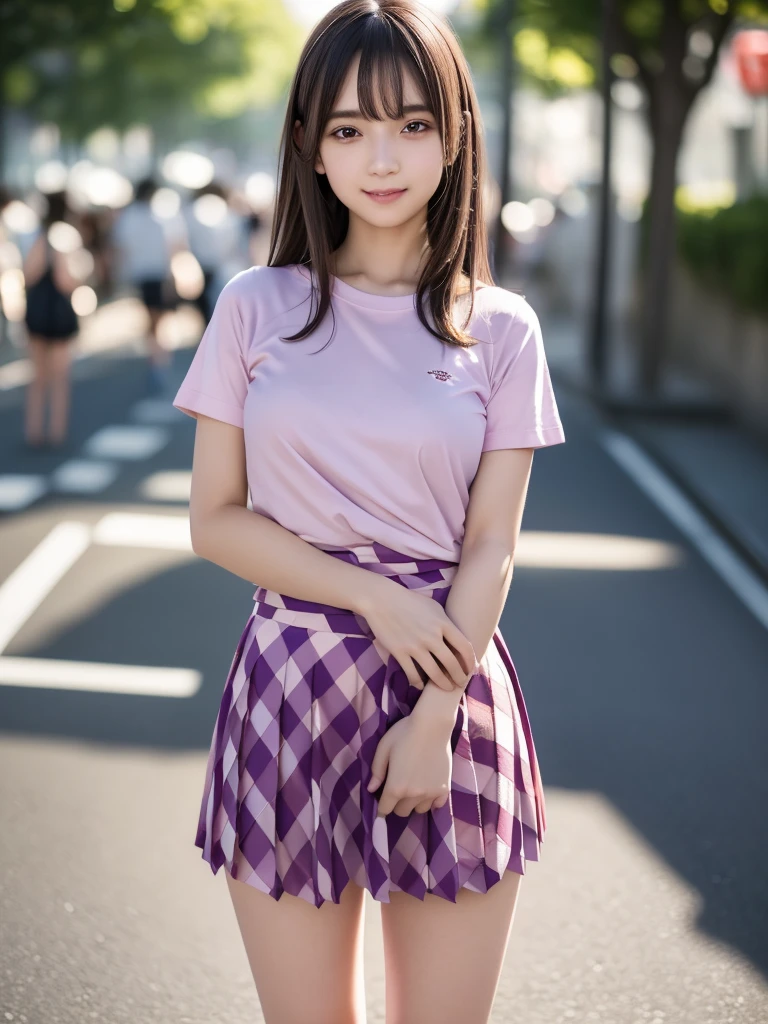 (8k, RAW Photos, highest quality, masterpiece:1.2), (Realistic, photo-Realistic:1.4), (Highly detailed 8k wallpaper), ((Full Body Shot)), (1 girl), Sharp focus, Depth of written boundary, Cinematic lighting, Soft Light, 緻密な美しさのeye, eye_Chan, Very beautiful 17 year old girl, innocent big eyes, Realistic, photo Realistic, Highly detailed cute girl, (Thin thighs), (Model Body Type), 18-year-old, (Casual short sleeve t-shirt), (Purple and pink checkered micro mini pleated skirt), (smile), Parted lips, Watching the audience, (On the streets of Tokyo) , (Brown Hair),（Long Bob Hair), (Asymmetrical bangs)