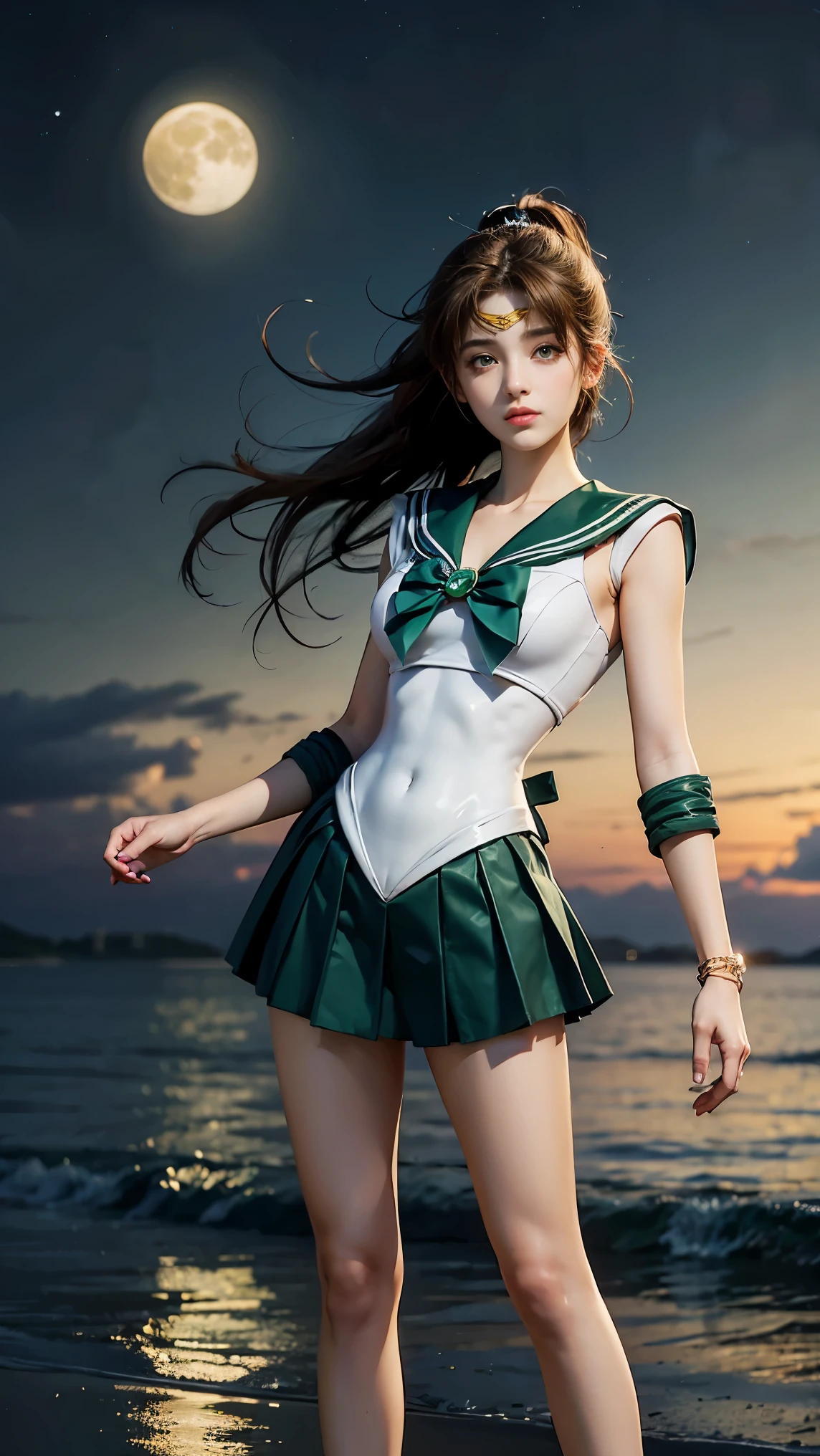 A beautiful young woman with long brown hair in a ponytail, green eyes, and a height of 170cm, sailor moon by the moon, sailor jupiter